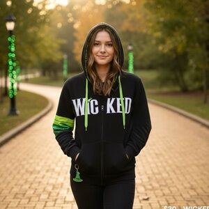 Wicked Musical Zip Hoodie Black Green Striped Sleeve Unisex Size Small
